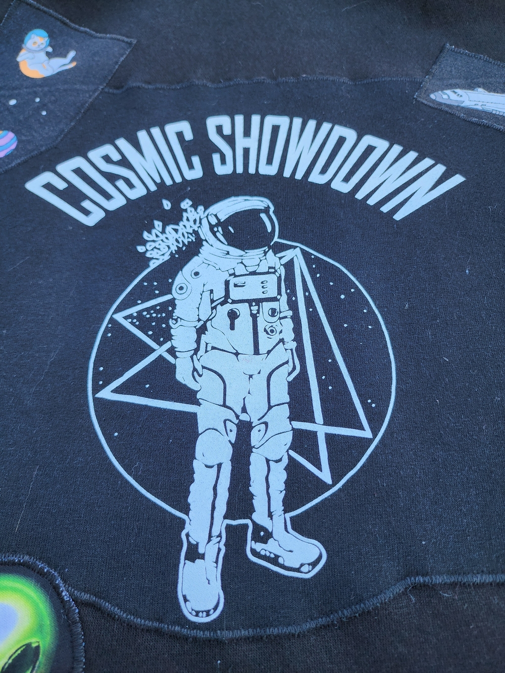 OOAK NASA Black Hoodie with White Astronaut Cosmic Showdown Graphic With Aliens